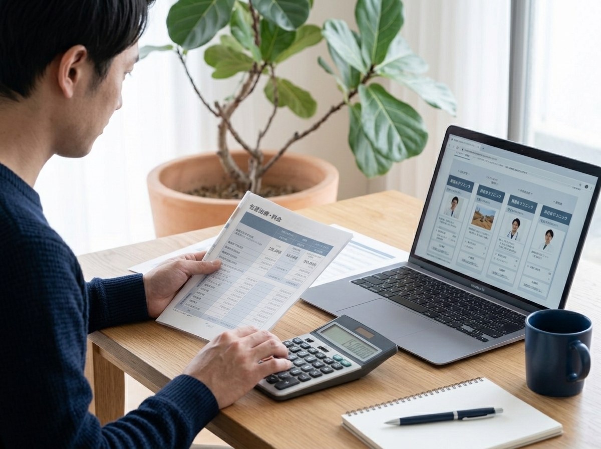 包茎手術の料金表を確認している男性
