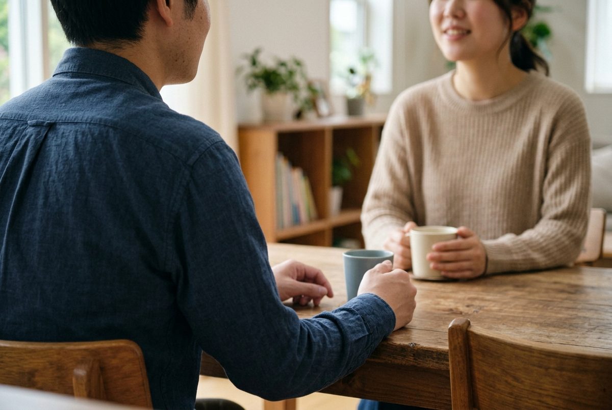 部屋でパートナーと話しながら考え事をしている男性