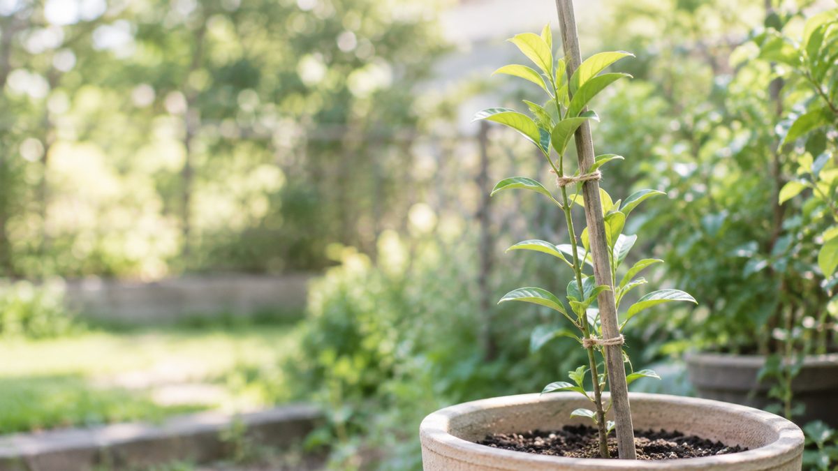 鉢植えの苗木が、添え木に麻ひもでゆるく結ばれてまっすぐ伸びている様子