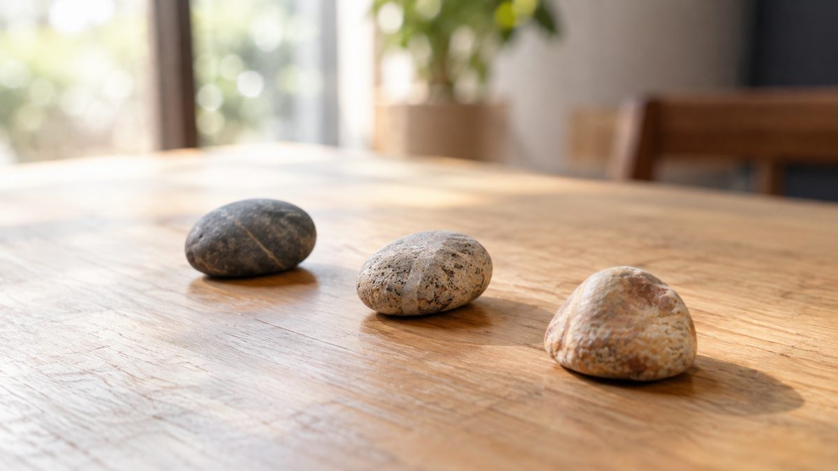 木のテーブルの上に間隔をあけて並んだ、色や形の違う3つの小石