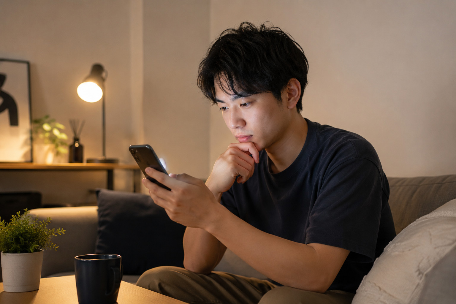 スマートフォンで症状について調べている男性