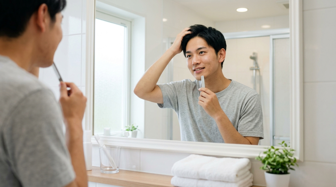 鏡の前で身支度をしながら考え事をしている男性