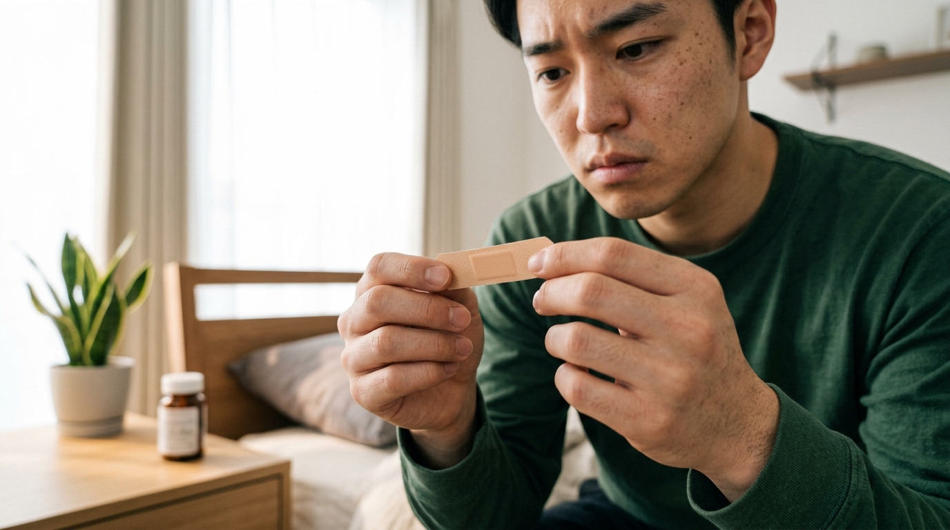 絆創膏を手に持って確認している男性
