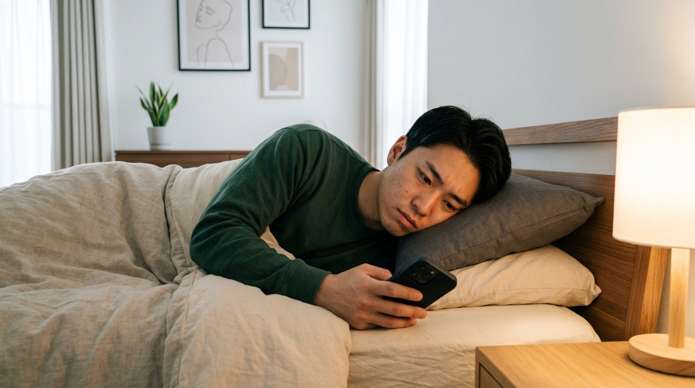 ベッドで横になりながらスマートフォンを見ている男性