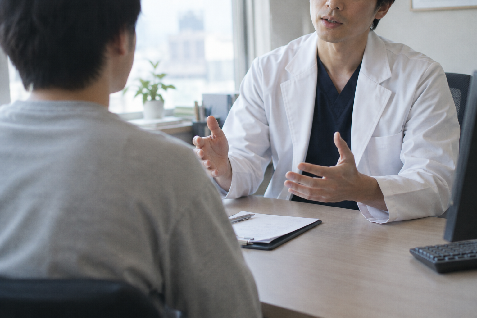 診察室で医師の説明を聞いている男性
