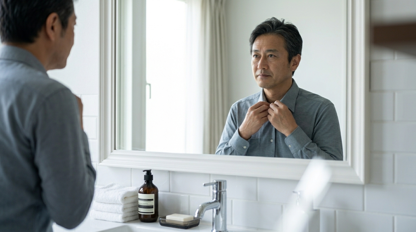 洗面所で身支度をしている男性