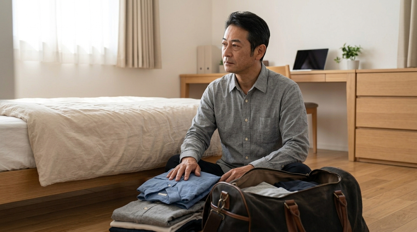 旅行の荷造りをしながら考え事をしている男性
