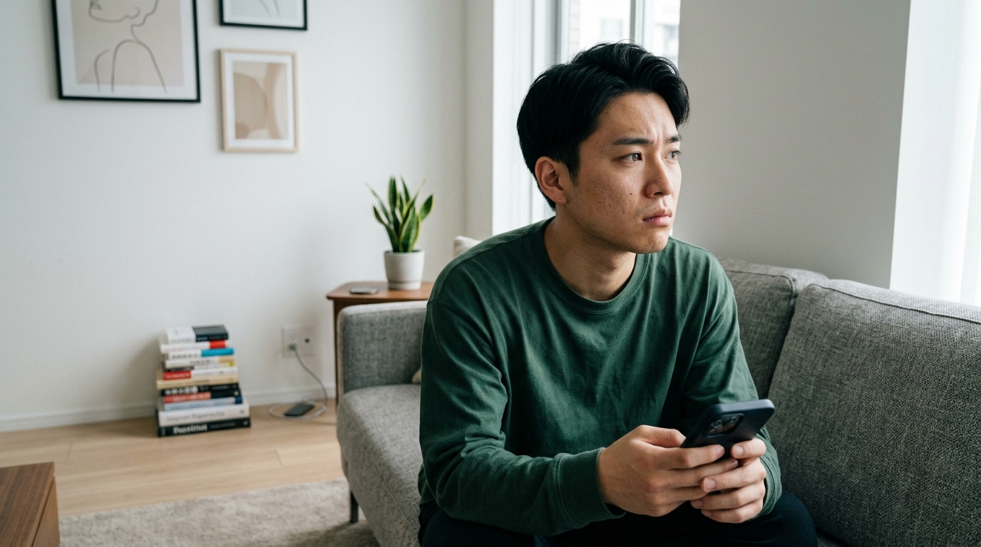部屋でスマートフォンを見ながら考え事をしている20代男性